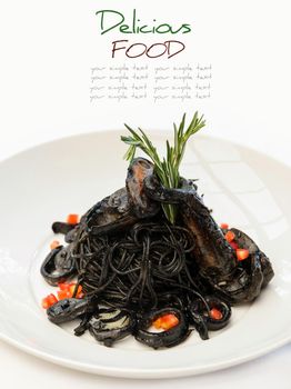 Italian cuisine squid ink spaghetti and seafood.