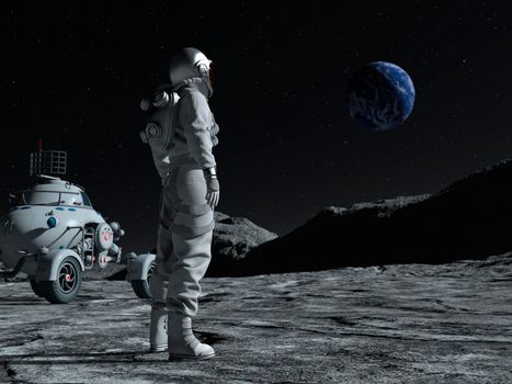 Astronaut at the spacewalk on the moon looking at the earth. Next to him a moon vehicle. 3d rendering.