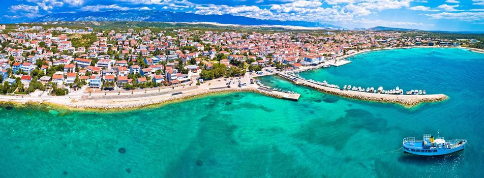 Town of Novalja beach and waterfront on Pag island aerial panoramic view, Dalmatia region of Croatia