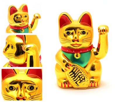 Maneki Neko Japanese Lucky Cat Golden Figurine on White Background, abstract square photo mosaic collage.