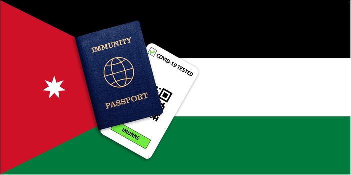 Concept of Immunity passport, certificate for traveling after pandemic for people who have had coronavirus or made vaccine and test result for COVID-19 on flag of Jordan