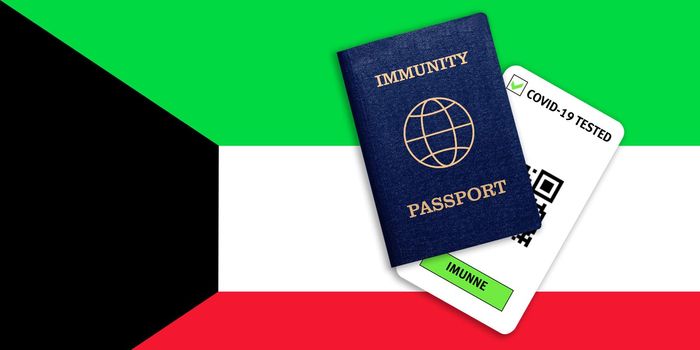 Concept of Immunity passport, certificate for traveling after pandemic for people who have had coronavirus or made vaccine and test result for COVID-19 on flag of Kuwait