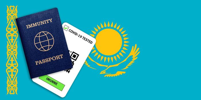 Concept of Immunity passport, certificate for traveling after pandemic for people who have had coronavirus or made vaccine and test result for COVID-19 on flag of Kazakhstan