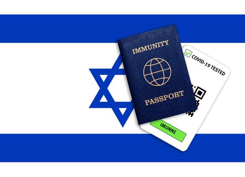 Concept of Immunity passport, certificate for traveling after pandemic for people who have had coronavirus or made vaccine and test result for COVID-19 on flag of Israel