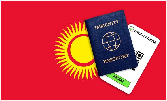 Concept of Immunity passport, certificate for traveling after pandemic for people who have had coronavirus or made vaccine and test result for COVID-19 on flag of Kyrgyzstan