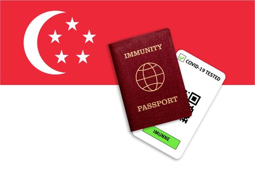 Concept of Immunity passport, certificate for traveling after pandemic for people who have had coronavirus or made vaccine and test result for COVID-19 on flag of Singapore