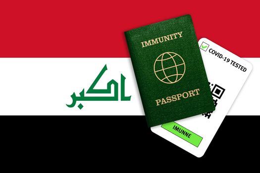 Concept of Immunity passport, certificate for traveling after pandemic for people who have had coronavirus or made vaccine and test result for COVID-19 on flag of Iraq