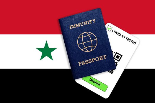 Concept of Immunity passport, certificate for traveling after pandemic for people who have had coronavirus or made vaccine and test result for COVID-19 on flag of Syria
