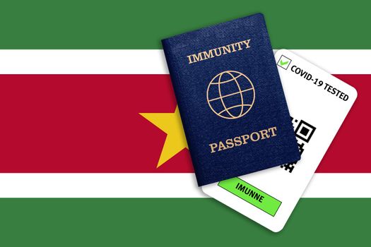 Concept of Immunity passport, certificate for traveling after pandemic for people who have had coronavirus or made vaccine and test result for COVID-19 on flag of Suriname