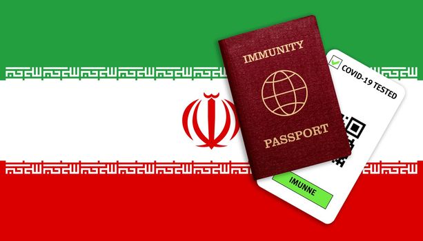 Concept of Immunity passport, certificate for traveling after pandemic for people who have had coronavirus or made vaccine and test result for COVID-19 on flag of Iran