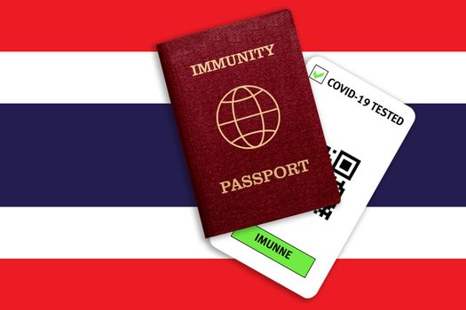 Concept of Immunity passport, certificate for traveling after pandemic for people who have had coronavirus or made vaccine and test result for COVID-19 on flag of Thailand