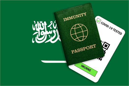 Concept of Immunity passport, certificate for traveling after pandemic for people who have had coronavirus or made vaccine and test result for COVID-19 on flag of Saudi Arabia