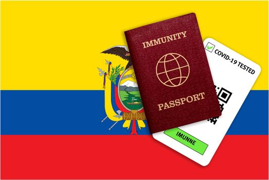 Concept of Immunity passport, certificate for traveling after pandemic for people who have had coronavirus or made vaccine and test result for COVID-19 on flag of Ecuador