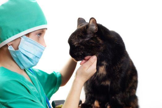 Girl in green medical surgical suit and protective medical mask plays veterinarian with domestic black cat Isolated on white. Look at each other