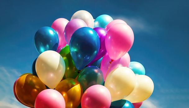 Lots of colorful balloons on the blue sky background with clouds