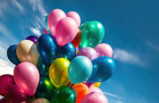 Lots of colorful balloons on the blue sky background with clouds