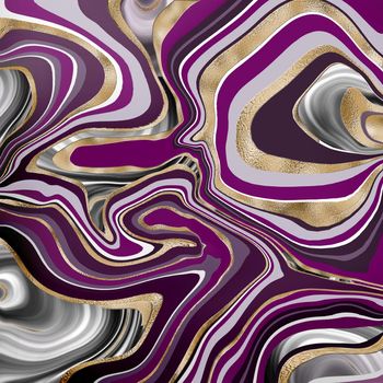 Purple swirl pattern. Textured marble agate trendy pattern with gold veins. Fluid marbling effect. Illustration