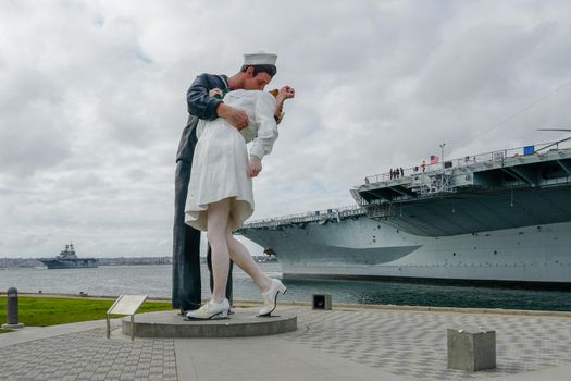 Kissing sailor statue, Port of San Diego. also known as Unconditional Surrender, recreates famous embrace between a sailor and a nurse celebrating the end of second world war. USA. February 12, 2021