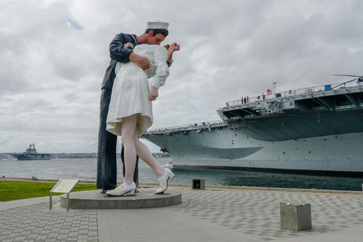 Kissing sailor statue, Port of San Diego. also known as Unconditional Surrender, recreates famous embrace between a sailor and a nurse celebrating the end of second world war. USA. February 12, 2021