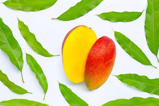 Tropical fruit, Mango with leaves on white background. Top view