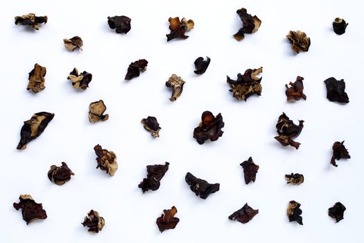 Dried black fungus on white background. Top view