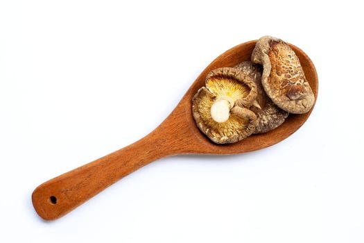 Dried shiitake mushrooms on wooden spoon on white background.