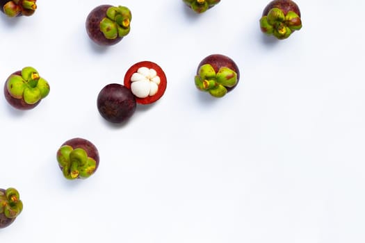 Mangosteen on white background. Top view