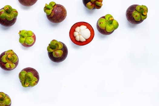 Mangosteen on white background. Top view