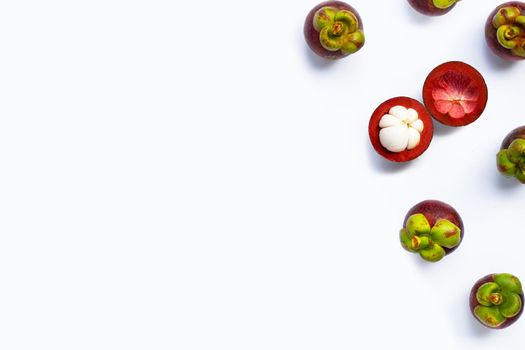 Mangosteen on white background. Top view