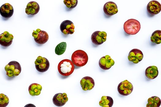 Mangosteen on white background. Top view