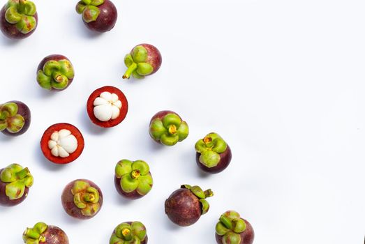 Mangosteen on white background. Top view