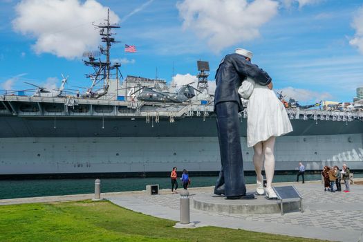 Kissing sailor statue, Port of San Diego. also known as Unconditional Surrender, recreates famous embrace between a sailor and a nurse celebrating the end of second world war. USA. February 12, 2021