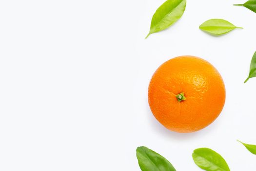 High vitamin C, JFresh orange fruit with green leaves  on white background.