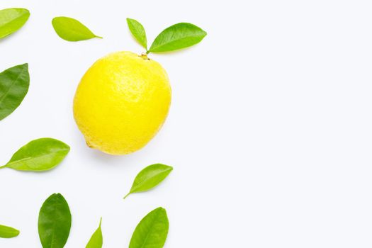 Fresh lemon with green leaves on white background.