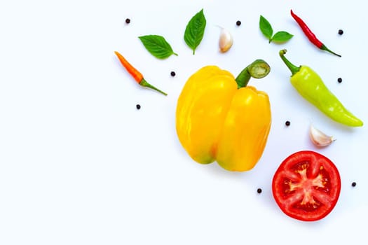 Various fresh vegetables and herbs on white background. Food and cooking ingredients, Healthy eating concept