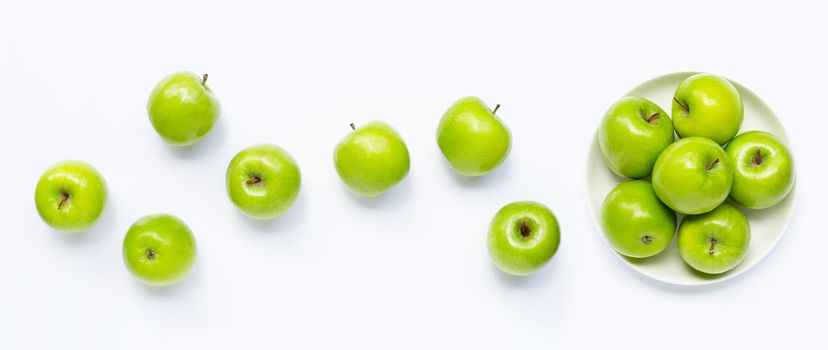 Green apples on white background. Copy space