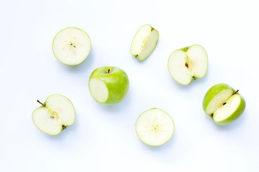 Green apples on white background. Copy space