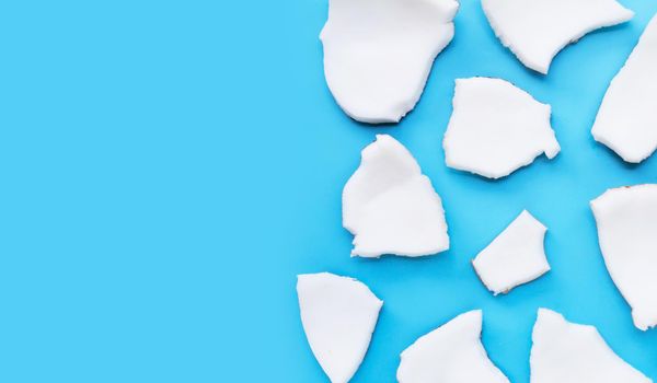 Coconut cut pieces on blue background. Copy space