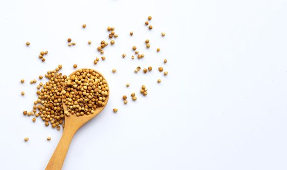 Coriander seeds on white background. Copy space