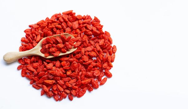 Dried goji berries on white background. Copy space