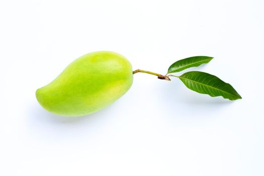 Green mango with leaves on white background.