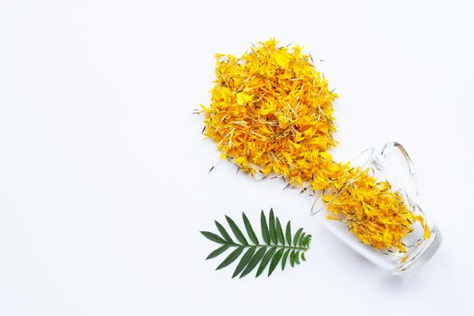 A glass cup with marigold flower petals on white background Flower herbal tea concept.