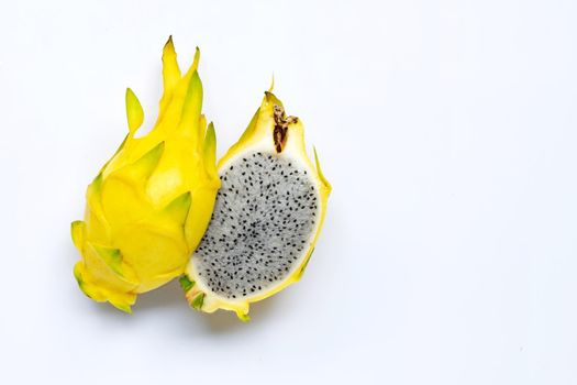 Yellow pitahaya or dragon fruit on white background. Copy space