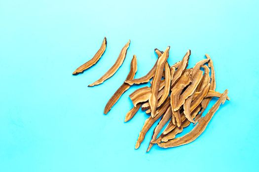 Dried lingzhi mushroom slices on blue background. Copy space