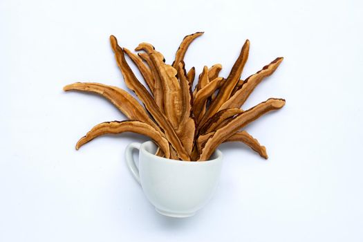 Dried lingzhi mushroom slices with cup on white background. Copy space