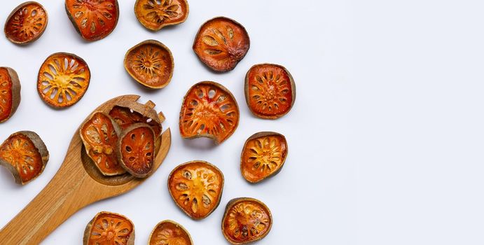 Dried bael fruit on white background. Top view