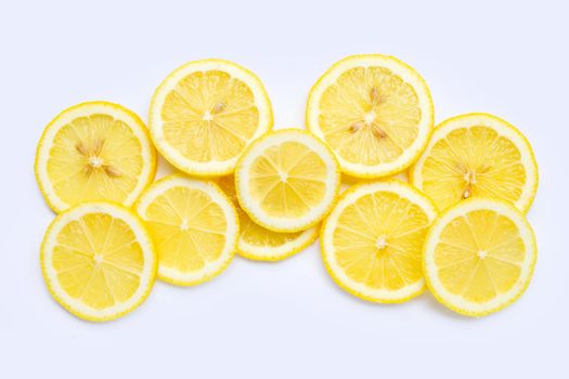 Fresh lemon slices isolated on white background.