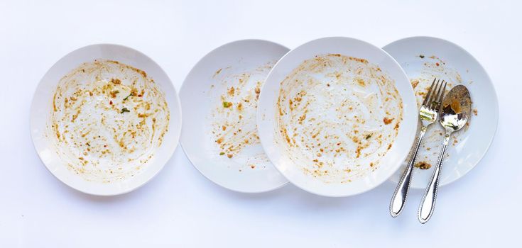 Dirty dish on white background. Top view