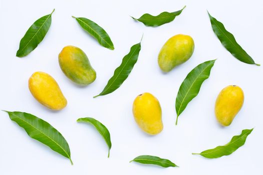 Tropical fruit, Mango  with leaves on white background. Top view