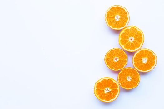 High vitamin C. Fresh orange citrus fruit on white background. Copy space